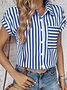 Shirt Collar Short Sleeve Striped Regular Loose Blouse For Women