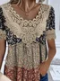 V Neck Short Sleeve Disty Floral Lace Regular Loose Shirt For Women
