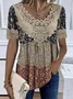 V Neck Short Sleeve Disty Floral Lace Regular Loose Shirt For Women