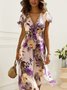 Women Floral V Neck Short Sleeve Comfy Elegant Lace-up Midi Dress