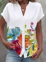 Notched Short Sleeve Floral Regular Loose Blouse For Women