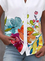 Notched Short Sleeve Floral Regular Loose Blouse For Women
