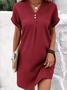 Women Plain V Neck Short Sleeve Comfy Casual Buckle Short Dress