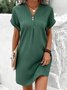Women Plain V Neck Short Sleeve Comfy Casual Buckle Short Dress