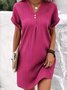 Women Plain V Neck Short Sleeve Comfy Casual Buckle Short Dress