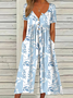 Women Short Sleeve Half Open Collar Loose Ankle Pants Daily Casual Floral Natural Jumpsuit