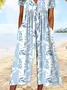 Women Short Sleeve Half Open Collar Loose Ankle Pants Daily Casual Floral Natural Jumpsuit