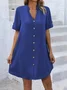 Women Plain V Neck Short Sleeve Comfy Casual Buckle Short Dress