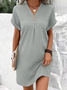 Women Plain V Neck Short Sleeve Comfy Casual Buckle Short Dress