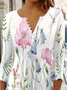 Crew Neck Half Sleeve Floral Buckle Regular Loose Blouse For Women