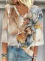 V Neck Three Quarter Sleeve Floral Regular Loose Blouse For Women