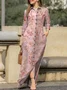 Women Geometric Stand Collar Long Sleeve Comfy Casual Maxi Dress