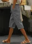 Casual Plain Capris Elastic Waist Buckle Pant