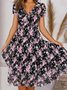 Women Floral V Neck Short Sleeve Comfy Casual Midi Dress