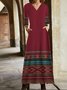 Women Ethnic V Neck Long Sleeve Comfy Vintage Pocket Stitching Maxi Dress