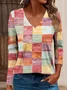 Casual Plaid V Neck Long Sleeve T-shirt