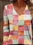 Casual Plaid V Neck Long Sleeve T-shirt
