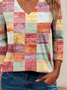Casual Plaid V Neck Long Sleeve T-shirt