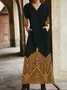 Women Ethnic V Neck Long Sleeve Comfy Vintage Pocket Stitching Maxi Dress