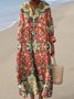 Women Vacation Floral Printing V Neck Long Sleeve Comfy Vintage Maxi Dress