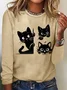 Casual Cat Crew Neck Long Sleeve T-shirt