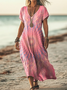 Women Tie Dye V Neck Short Sleeve Comfy Casual Printing Maxi Dress