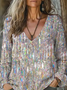 Casual Holiday Sequin V Neck Long Sleeve T-shirt