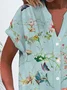 V Neck Short Sleeve Floral Printing Micro-Elasticity Regular Fit Button Up Shirt Shirt For Women