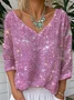 Vintage Sequin Pattern Plain V Neck Long Sleeve T-shirt
