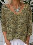 Vintage Sequin Pattern V Neck Long Sleeve T-shirt