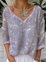 Vintage Sequin Pattern Plain V Neck Long Sleeve T-shirt