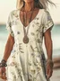 Women Vintage Floral Art Print Short Sleeve Comfy Casual Maxi Dress