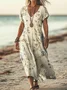 Women Vintage Floral Art Print Short Sleeve Comfy Casual Maxi Dress