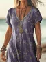 Women Vintage Floral V Neck Short Sleeve Comfy Casual Printing Maxi Dress