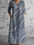 Women Striped V Neck Long Sleeve Comfy Vintage Maxi Dress