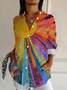 Long Sleeve Colorful Sun Collage Art Print Loose Button Up Shirt For Women