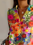 Colorful Floral Print Buckle Regular Loose Button Up Shirt For Women