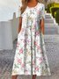 Women Floral Print Crew Neck Half Sleeve Comfy Vintage Maxi Dress