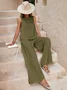 Women Plain Crew Neck Sleeveless Comfy Casual Top With Pants Two-Piece Set