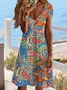 Women Paisley Print V Neck Short Sleeve Comfy Casual Midi Dress