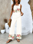 Women Floral Crew Neck Sleeveless Comfy Casual Printing Top With Pants Two-Piece Set