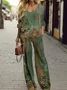 Women Floral Crew Neck Long Sleeve Comfy Casual Printing Top With Pants Two-Piece Set