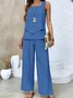 Women Plain Crew Neck Sleeveless Comfy Casual Top With Pants Two-Piece Set
