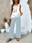 Women Floral Crew Neck Sleeveless Comfy Casual Printing Top With Pants Two-Piece Set