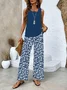 Women Floral Crew Neck Sleeveless Comfy Casual Printing Top With Pants Two-Piece Set