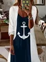 Women Anchor Crew Neck Three Quarter Sleeve Comfy Casual Printing Dress With Coat Two-Piece Set