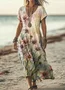 Women Floral V Neck Short Sleeve Comfy Casual Maxi Dress