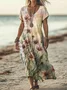 Women Floral V Neck Short Sleeve Comfy Casual Maxi Dress