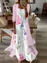 Women Floral Crew Neck Three Quarter Sleeve Comfy Casual Printing Dress With Coat Two-Piece Set