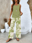 Women Floral Crew Neck Sleeveless Comfy Casual Printing Top With Pants Two-Piece Set